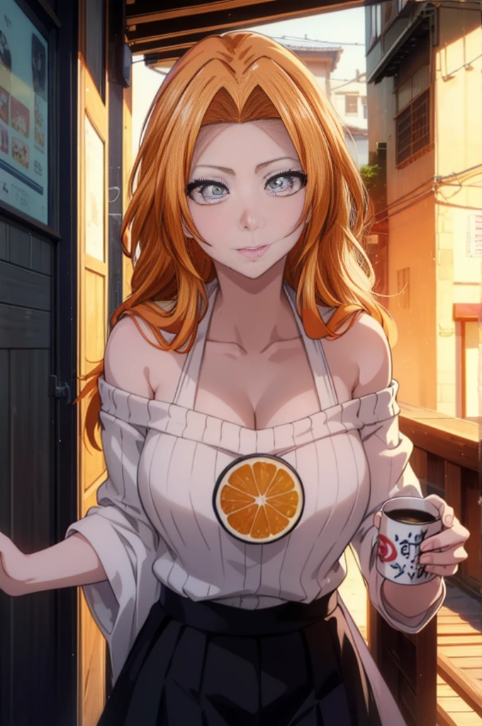 rangikumatsumoto, rangiku matsumoto, long hair, Red-orange hair, mole, mole under mouth, gray eyes,smile,happy atmosphere,mouth open,parted bangs, smile,white off shoulder sweater bare neck,bare clavicle,bare shoulders,black long skirt,There are beer mugs and food on the table.,drinking ,,
break indoors, Izakaya,
break looking at viewer, (cowboy shot:1.5),
break (masterpiece:1.2), highest quality, High resolution, unity 8k wallpaper, (figure:0.8), (detailed and beautiful eyes:1.6), highly detailed face, perfect lighting, Very detailed CG, (perfect hands, perfect anatomy),