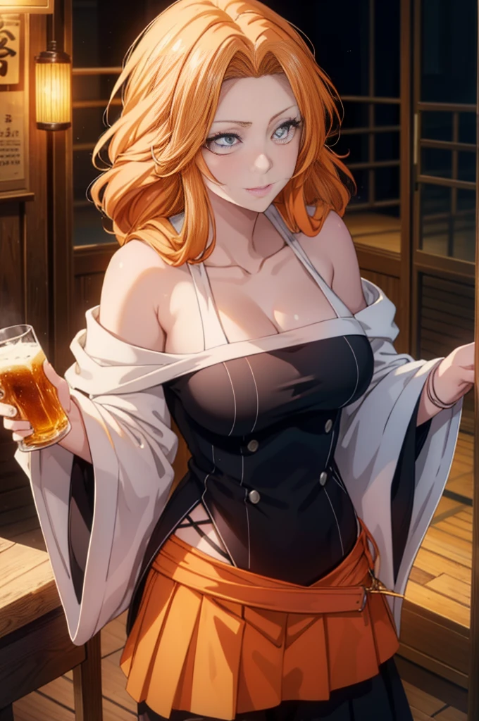 rangikumatsumoto, rangiku matsumoto, long hair, Red-orange hair, mole, mole under mouth, gray eyes,smile,happy atmosphere,mouth open,parted bangs, smile,white off shoulder sweater bare neck,bare clavicle,bare shoulders,black long skirt,There are beer mugs and food on the table.,drinking ,,
break indoors, Izakaya,
break looking at viewer, (cowboy shot:1.5),
break (masterpiece:1.2), highest quality, High resolution, unity 8k wallpaper, (figure:0.8), (detailed and beautiful eyes:1.6), highly detailed face, perfect lighting, Very detailed CG, (perfect hands, perfect anatomy),