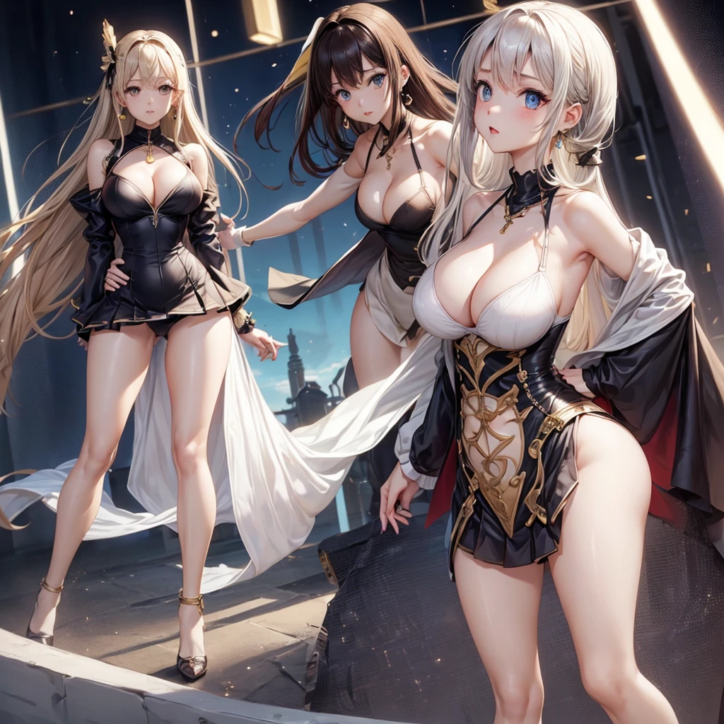 ((Focus on the face)), (full-body shot, full-body shot片(Including the face)), ((Cute symmetrical face))、Beautiful woman、25 years old、slim body、((((Large Breasts、Breast sagging、Low-cut,Cleavage ,Wide hips,)))((Long legs)),Hourglass figure)))、white sleeveless、Knee-length skirt、Pantyhose、(Boots and high heels above the knee、The same anklet can be seen all over the body、Head to toe photos、Small earrings、necklace、2 women、Audience facing forward、High Angle、The topic is far away、Shallow and deep、Wide-angle focal length、look up、Flared skirt、Strong crosswind、Body size that fits the frame、Embrace each other