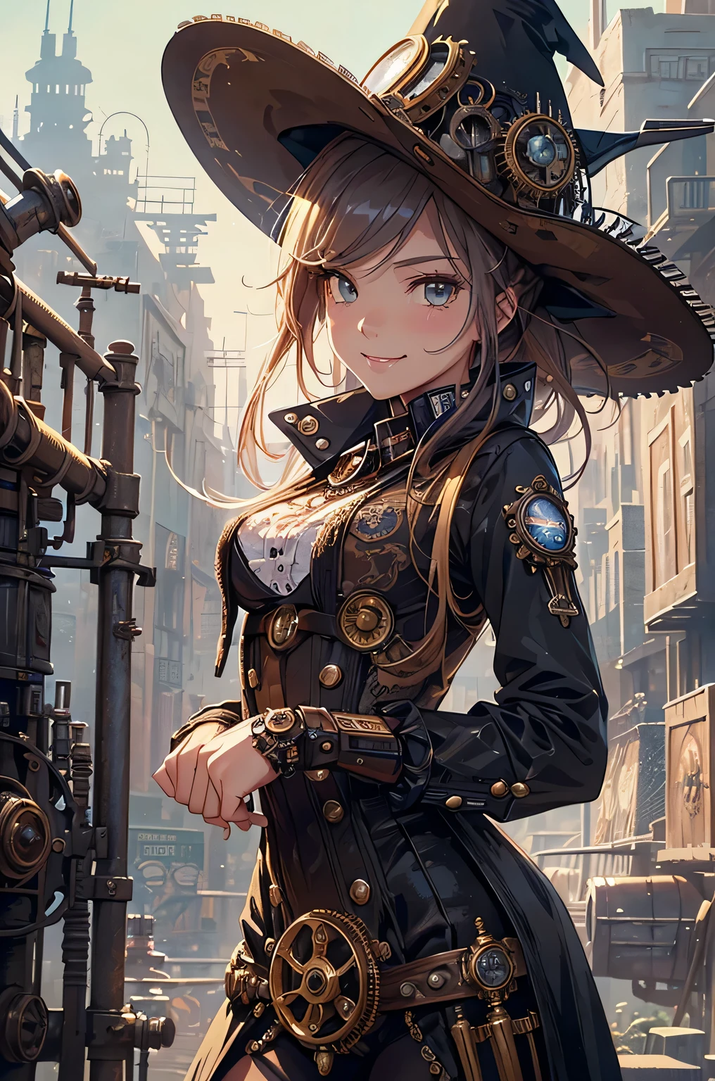 (cowboy shot, top quality,),8k, flat color: 0.8, dynamic angle, 1 girl, smile,slender body,(highly decorative and intricate mechanical steampunk fashion, lace flare dolphin hat, goggles 1.5, mechanical background, cogwheel background, finely mechanized steampunk cityscape 1.5),