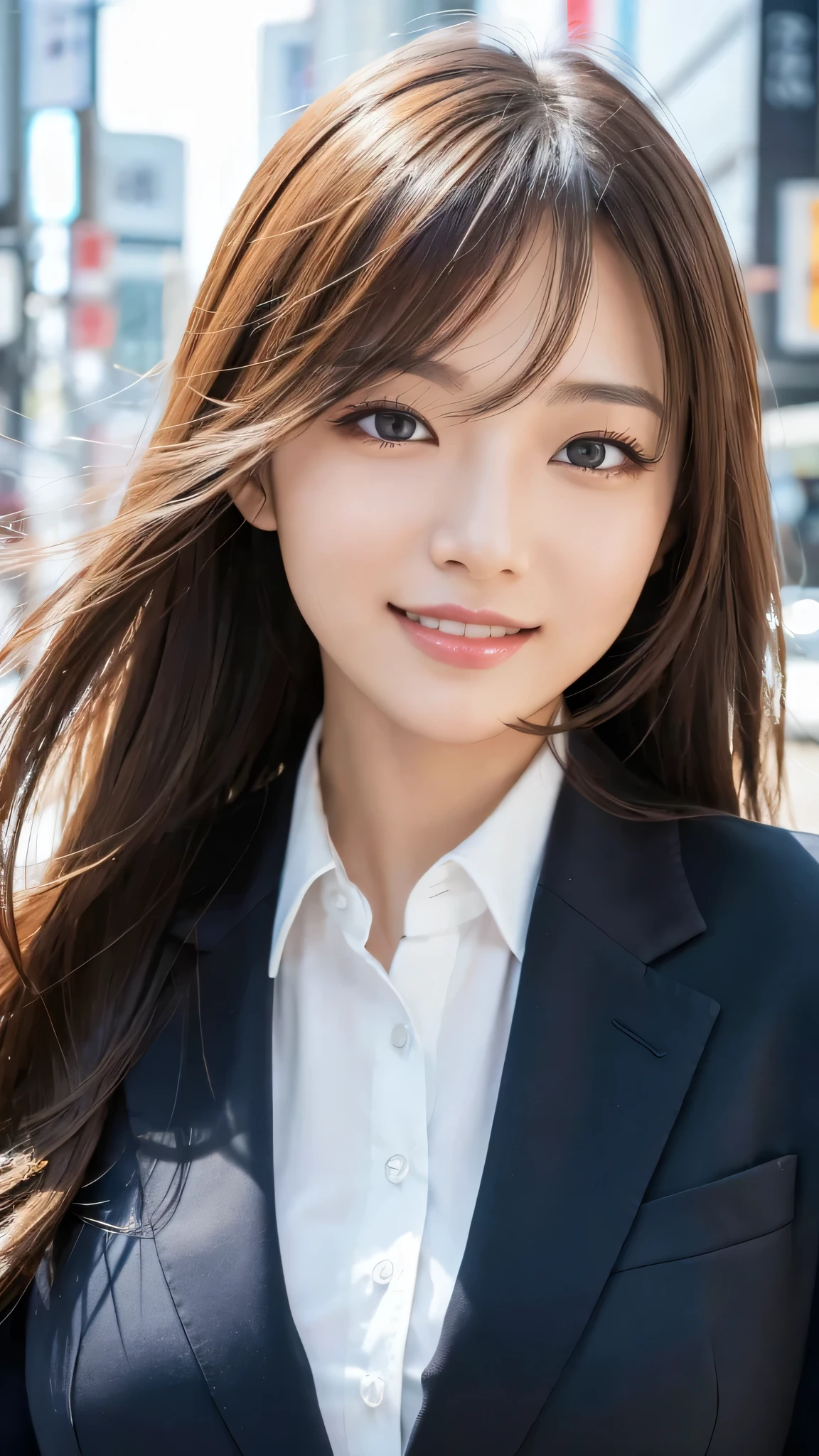 table top、highest quality、genuine、Super detailed、finely、High resolution、8k wallpaper、one beautiful woman、、、light brown disheveled hair、wearing a business suit、sharp focus、perfect dynamic composition、beautiful and detailed eyes、thin hair、Detailed genuine skin texture、smile、model body shape、In Tokyo at morning、Brush your hair up with your fingers.