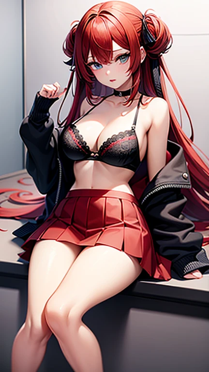 An anime girl with red hair and blue eyes wearing a skirt and an open shirt revealing a black and red bra