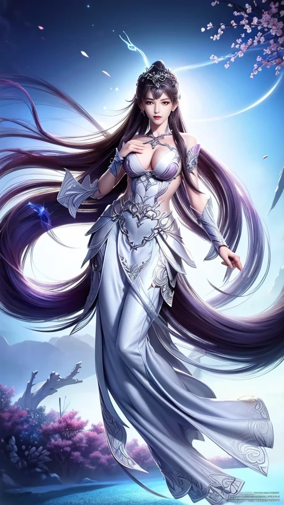 Close-up shot of woman in silver-blue dress, Cheng Weipan Art Station, Xiuxian Technology Sense, Detailed fantasy art, Stunning character art, Epic and beautiful character art, Beautiful armor, Extremely detailed artistic buds, Detailed digital animation art, Artgerm on the art website Pixiv, Armor Girl, Intricate headpieces and jewellery,(((Large Breasts、Breast sagging、Low-cut,Cleavage ,Wide hips,)))((Long legs)),Hourglass figure)),Bare House,Huge breasts,Full body display,Full body display,