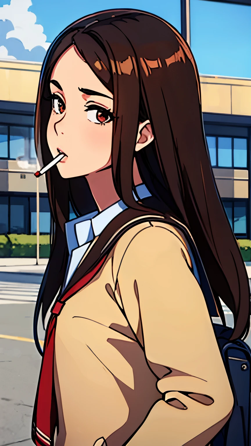 Anime girl with cigarette in mouth standing in front of a building