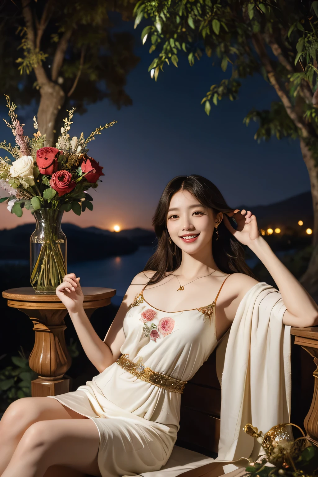 Giorgione painting style,Arguments of two female Philosophe,math、astronomical machine、astronaut、roses in vase、fruits、Cute trinkets、smile、ancient greek costume、Background is a forest lake at night 、Clothes that stretch your shoulders、A big smile、beautiful bare skin、A detailed representation of the seducing woman throughout her body.