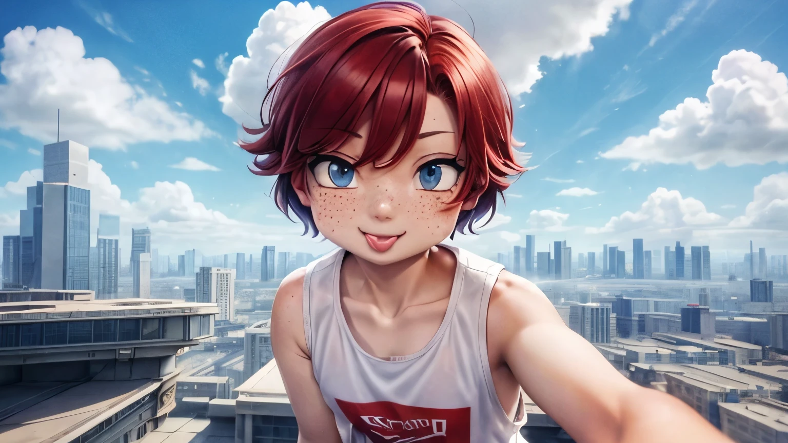 fly in the sky,girl１people,Futuristic buildings,fly in the sky飛空艇,Blue sky,Flowing Clouds,Be on the roof,Looking up at the sky in the distance,Short Hair,Shortcuts,Red hair color,Blue Eyes,11 years old,boyish,アジアpeople,smile,Sticking out tongue,Primary school students,Sunburned skin,Being thin,freckles,White shorts,White tank top,Red jacket,looking at the camera,High angle,