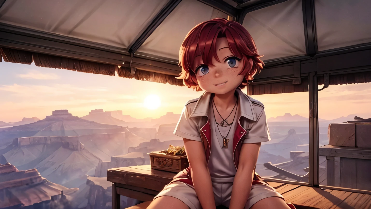 girl１people,Grand Canyon,Mountains visible in the distance,sunset,Flowing Clouds,A gentle breeze,An airship parked,Looking up at the sky in the distance,sit,Short Hair,Shortcuts,Red hair color,Blue Eyes,11 years old,boyish,アジアpeople,smile,Primary school students,Sunburned skin,Being thin,freckles,White shorts,White tank top,Red jacket,High angle,Crystal Pendant