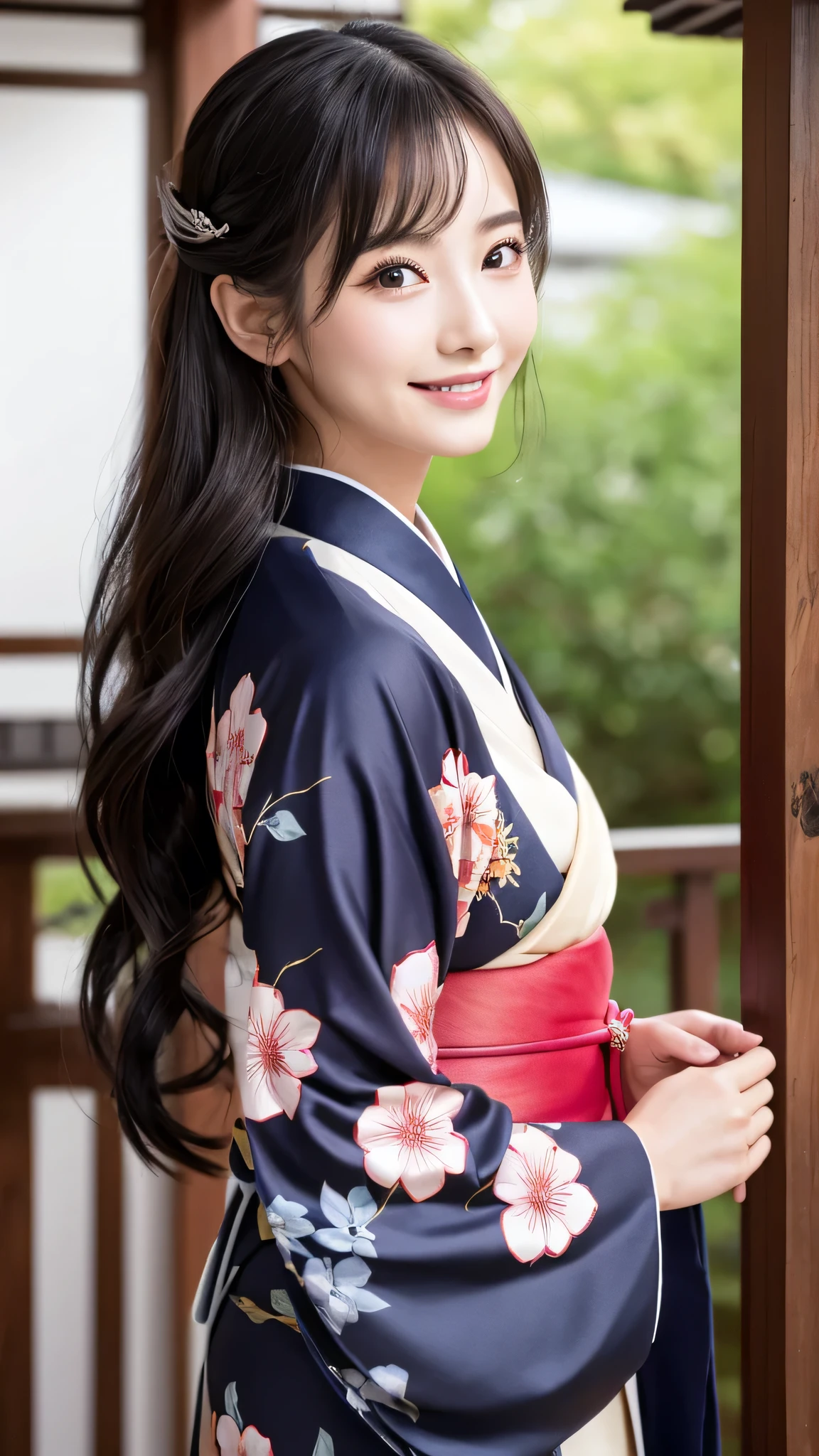 (Super beautiful woman in kimono)、((highest quality、8K masterpiece:1.3))、sharp focus:1.2、(super beautiful face:1.0)、(shiny skin:1.0)、realistic pictures、black hair、video lighting、High resolution eyes and face、video lighting、japanese actress、from the front、with a happy smile、whole body、wearing a kimono、in Kyoto、(luxury obi)、Brush your hair up with your fingers.