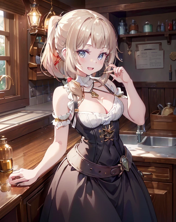 (fantasy:1.5),(8k,masterpiece, top quality, best quality,beautiful and aesthetic:1.2,professional illustrasion:1.1,ultra detail:1.3,perfect lighting),extremely detailed,highest detailed,incredibly absurdres , highres, ultra detailed,intricate:1.6,(Alchemy Workshop:1.4),A girl mixing,Medicine in many small bottles,holding small potion,colorful:1.4,zentangle,(a girl 26yo old),(cute girl),pointed chest:1.3,(double breasted:1.2,under bust:1.2), Amazing Cleavage:1.3, thin waist, big ass, Raised sexy, big breast: 1.2 posed cleavage:1.2,(female alchemy),(highly detailed beautiful face and eyes,firm breasts),oily skin,((bronde hair, long pony tail hair)),thin pubic hair,cute,lovely,beautifuk alchemist costume,smile,in the kitchen,smile,seductive weak smiling,(with sparkling eyes and a contagious smile),open mouth, Looking at Viewer,