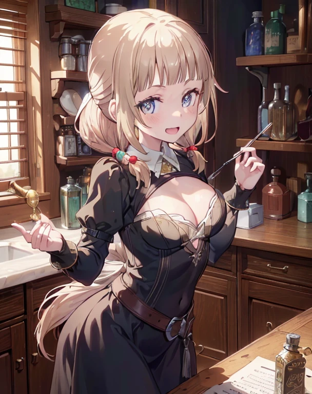 (fantasy:1.5),(8k,masterpiece, top quality, best quality,beautiful and aesthetic:1.2,professional illustrasion:1.1,ultra detail:1.3,perfect lighting),extremely detailed,highest detailed,incredibly absurdres , highres, ultra detailed,intricate:1.6,(Alchemy Workshop:1.4),A girl mixing,Medicine in many small bottles,holding small potion,colorful:1.4,zentangle,(a girl 26yo old),(cute girl),pointed chest:1.3,(double breasted:1.2,under bust:1.2), Amazing Cleavage:1.3, thin waist, big ass, Raised sexy, big breast: 1.2 posed cleavage:1.2,(female alchemy),(highly detailed beautiful face and eyes,firm breasts),oily skin,((bronde hair, long pony tail hair)),thin pubic hair,cute,lovely,beautifuk alchemist costume,smile,in the kitchen,smile,seductive weak smiling,(with sparkling eyes and a contagious smile),open mouth, Looking at Viewer,