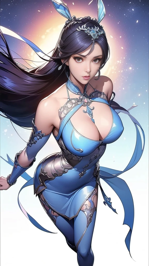 Close-up shot of woman in silver-blue dress, Cheng Weipan Art Station, Xiuxian Technology Sense, Detailed fantasy art, Stunning character art, Epic and beautiful character art, Beautiful armor, Extremely detailed artistic buds, Detailed digital animation art, Artgerm on the art website Pixiv, Armor Girl, Intricate headpieces and jewellery，(((Large Breasts、Breast sagging、Low-cut，Cleavage ，Wide hips,)))((Long legs)),Hourglass figure))，Bare House,Huge breasts,Full body display，Full body display，