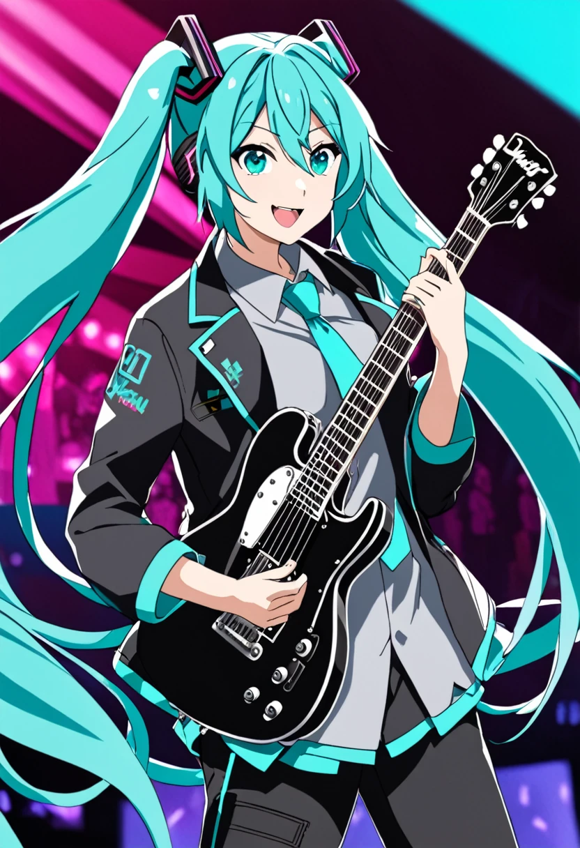 1girl, Hatsune Miku, holding guitar, jacket cyan, tie cyan, gray shirt, black pants, live stage, mad face, smile