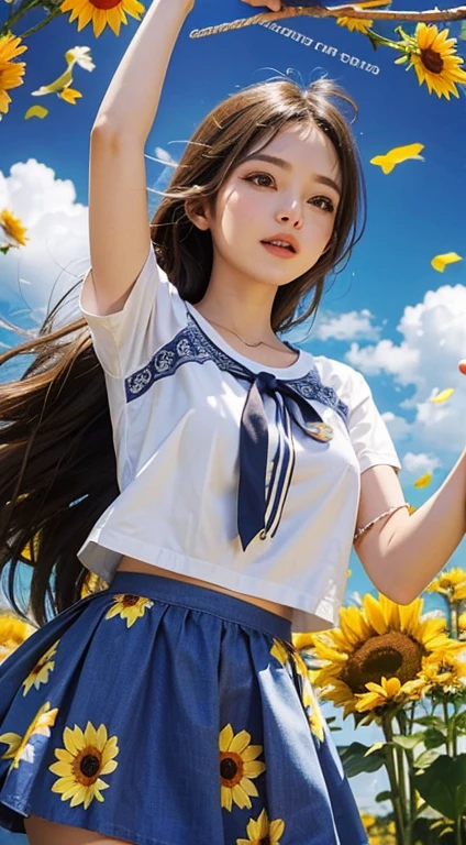   Flowers and blue sky、Autumn sky and beautiful sunflowers、Landscape photo of a vast sunflower field、（View of the sky and wilderness from below）、Girl looking up at the blue sky、Draw a big picture of the sky、Tabletop、highest quality、perfect pretty smile face, Perfect Face, Five Fingers, Two Arms,