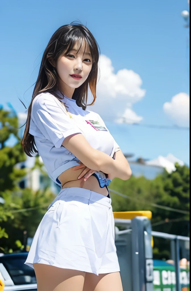 SDGAHSJ,1girl,asian,cheerleader,(background: Gymnasium),Outdoor,looking at viewer,photorealistic,realistic,solo,Flowers,Blue sky and white clouds,Audience,