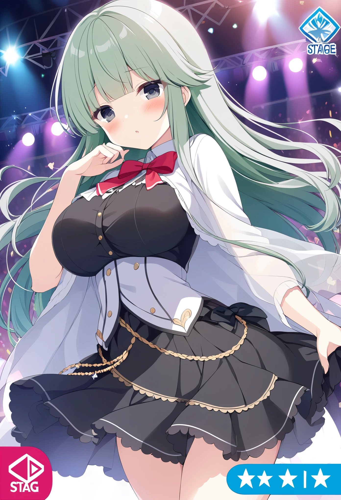 masaokamai, green hair, grey hair, grey eyes, black eyes,, large breasts, live stage,
