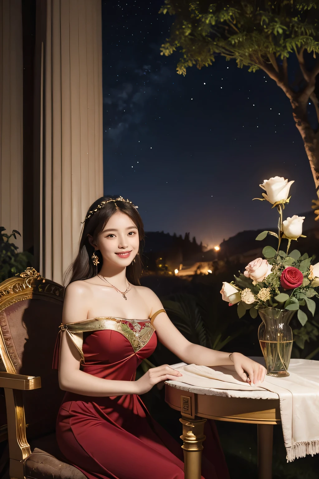 Giorgione painting style,Arguments of two female Philosophe,math、astronomical machine、astronaut、roses in vase、fruits、Cute trinkets、smile、ancient greek costume、Background is a forest lake at night 、Clothes that stretch your shoulders、A big smile、beautiful bare skin、A detailed representation of the seducing woman throughout her body.sexy