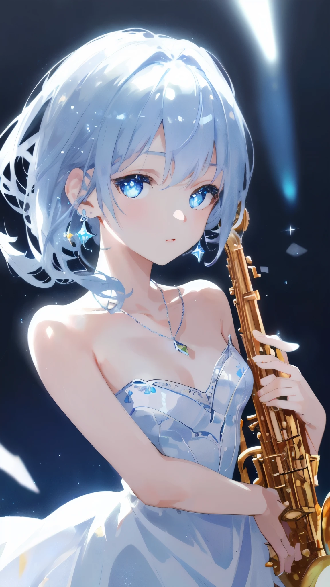 masterpiece, best quality, illustration, Saxophone Blue, Platinum earrings, Platinum necklace, White Dress, 1 Girl, Lovely, (Dynamic Lighting:1.2), movie lighting, Exquisite facial features, delicate eyes, Sharp pupils, Realistic students, Depth of Field, Bokeh, Clear focus, (Ultra Detailed, bloom, glow:1.4), Many little gems