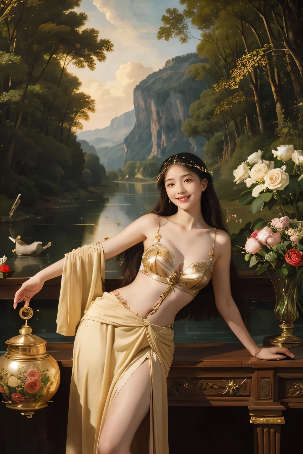 Giorgione painting style,Arguments of two female Philosophe,math、astronomical machine、astronaut、roses in vase、fruits、Cute trinkets、smile、ancient greek costume、Background is a forest lake at night 、Clothes that stretch your shoulders、A big smile、beautiful ?????????、A detailed representation of the seducing woman throughout her body.