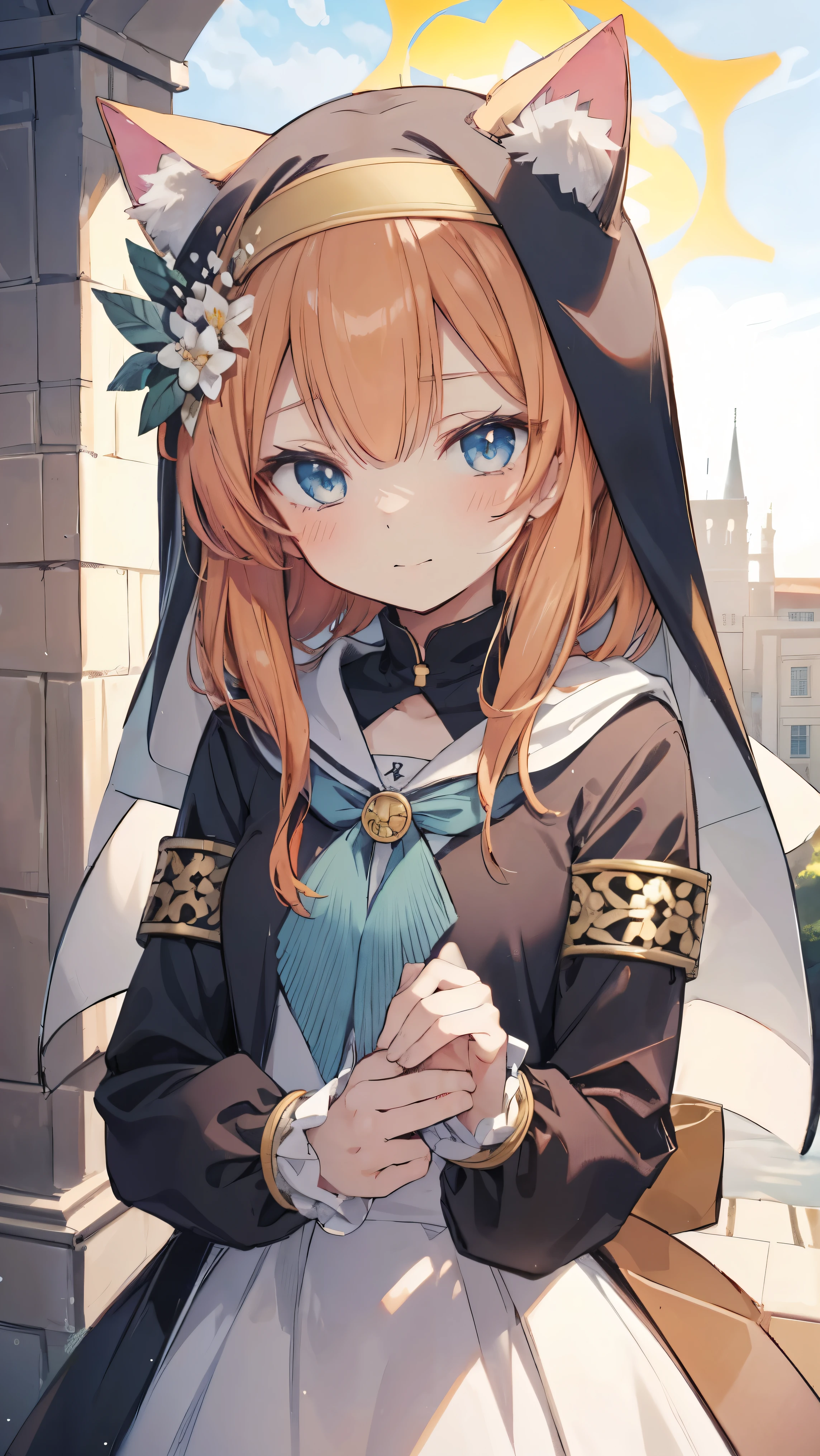 Marie、masterpiece、Best image quality、最high quality、girl (blush, Perfect Face), independent , Looking into the camera, masterpiece, Anime art style, Cute Characters, Most detailed, high quality、Shiny Hair、Very fine and beautiful bright eyes、Very detailed, clear and beautiful face, Awards, (((Anatomically correct)))、Cat ear、Orange Hair、ta、Small breasts、uniform、Hooded、church