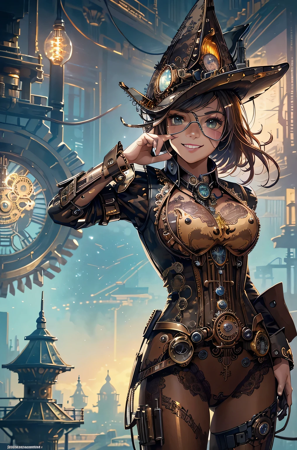 (cowboy shot, top quality,),8k, flat color: 0.8, dynamic angle, 1 girl, smile,(highly decorative and intricate mechanical steampunk fashion, lace flare dolphin hat, goggles :1.5), mechanical background, cogwheel background, finely mechanized steampunk cityscape 1.5),