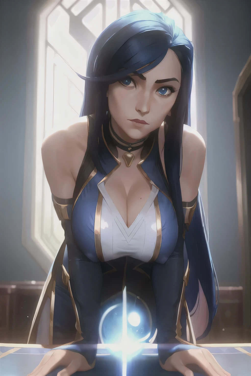 arcane style, 1girl, solo, long hair, bangs, caitlyn, closed mouth, blue eyes, holding, shiny hair, blue hair, looking at viewer, shiny, bending over ,indoors, cleavage, close look, big breasts, asymmetrical bangs , ((masterpiece))