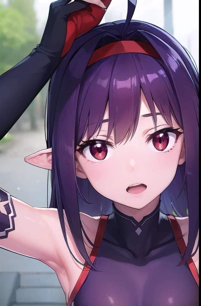 yuukikonno, yuuki konno, hairband, long hair, pointy ears, purple hair, (red eyes:1.5), (small breasts:1.2), open mouth,
BREAK black thighhighs, detached sleeves, thighhighs, dress, purple dress, armor, purple armor,
BREAK looking at viewer, upper body, full body,
BREAK outdoors, forest, nature,
BREAK (masterpiece:1.2), best quality, high resolution, unity 8k wallpaper, (illustration:0.8), (beautiful detailed eyes:1.6), extremely detailed face, perfect lighting, extremely detailed CG, (perfect hands, perfect anatomy),
