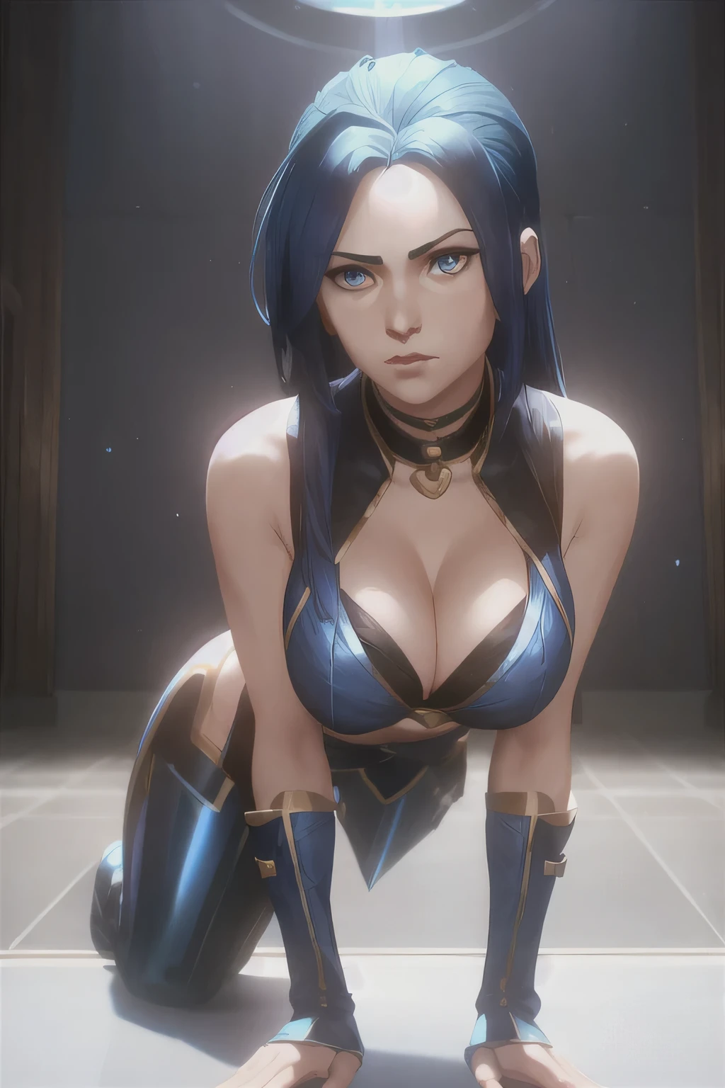 arcane style, 1girl, solo, long hair, bangs, caitlyn, closed mouth, blue eyes, holding, shiny hair, blue hair, looking at viewer, shiny, bending over ,indoors, cleavage, wearing a bra, asymmetrical bangs , ((masterpiece))