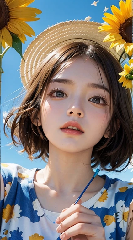 (Pencil drawing of physical education:1.4), Flowers and blue sky、Autumn sky and beautiful cosmos flowers、Landscape photo of a vast sunflower field、(View of the sky and wilderness from below)、Girl looking up at the blue sky、Draw a big picture of the sky、Tabletop、highest quality