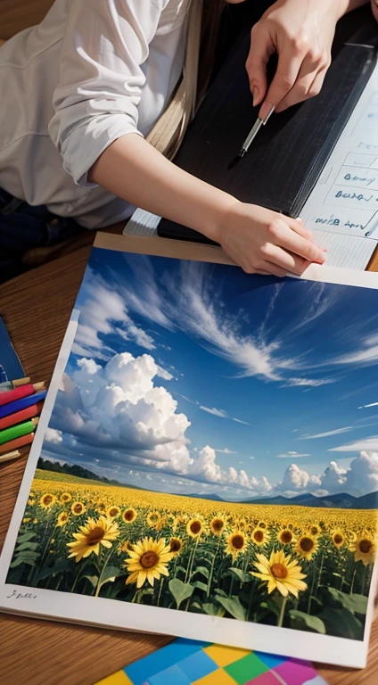 (Pencil drawing of physical education:1.4), Flowers and blue sky、Autumn sky and beautiful cosmos flowers、Landscape photo of a vast sunflower field、(View of the sky and wilderness from below)、Girl looking up at the blue sky、Draw a big picture of the sky、Tabletop、highest quality