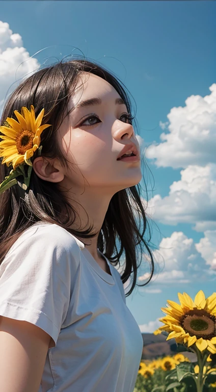 (Pencil drawing of physical education:1.4), Flowers and blue sky、Autumn sky and beautiful cosmos flowers、Landscape photo of a vast sunflower field、(View of the sky and wilderness from below)、Girl looking up at the blue sky、Draw a big picture of the sky、Tabletop、highest quality