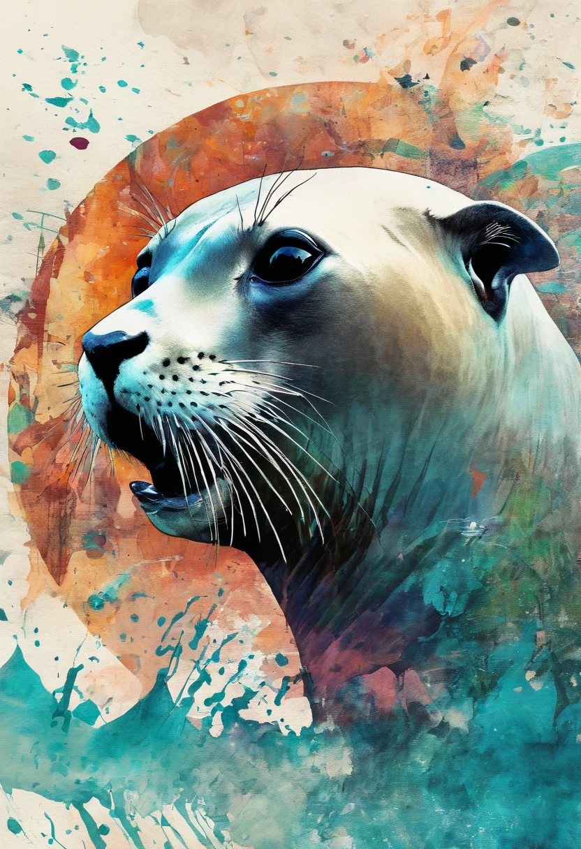 Scared sea lion, frightened look, fonds banquise instable ::2 colorful ink painting ::2 art fantasy