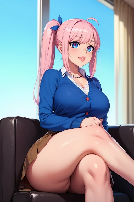 pelo color rosa, pelo color rosa intenso, cabello rosado, ojos azules intenso, ojos color azul, intense blue eyes, electric blue eyes, color de ojos azules, labios enormes, labios hinchados, double ponytails hairstyle, double ponytails, pechos grandes, pechos enormes, Figura de reloj de arena, (cintura estrecha), confianza, superioridad, Palo de golf, malcriado, bully, muslos gruesos, pendientes, arriba, diafragma, Bermudas, sonrisa, medio plano, evil sonrisa, cara de gemido, cardigan, Falda ajustada, falda larga, brown skirt, grande , from the Frente, en terapia (Terapeuta, sentada en una silla, realistic lighting), pechos grandes, caderas grandes, crossed legs, legs crossed, Front, from the front