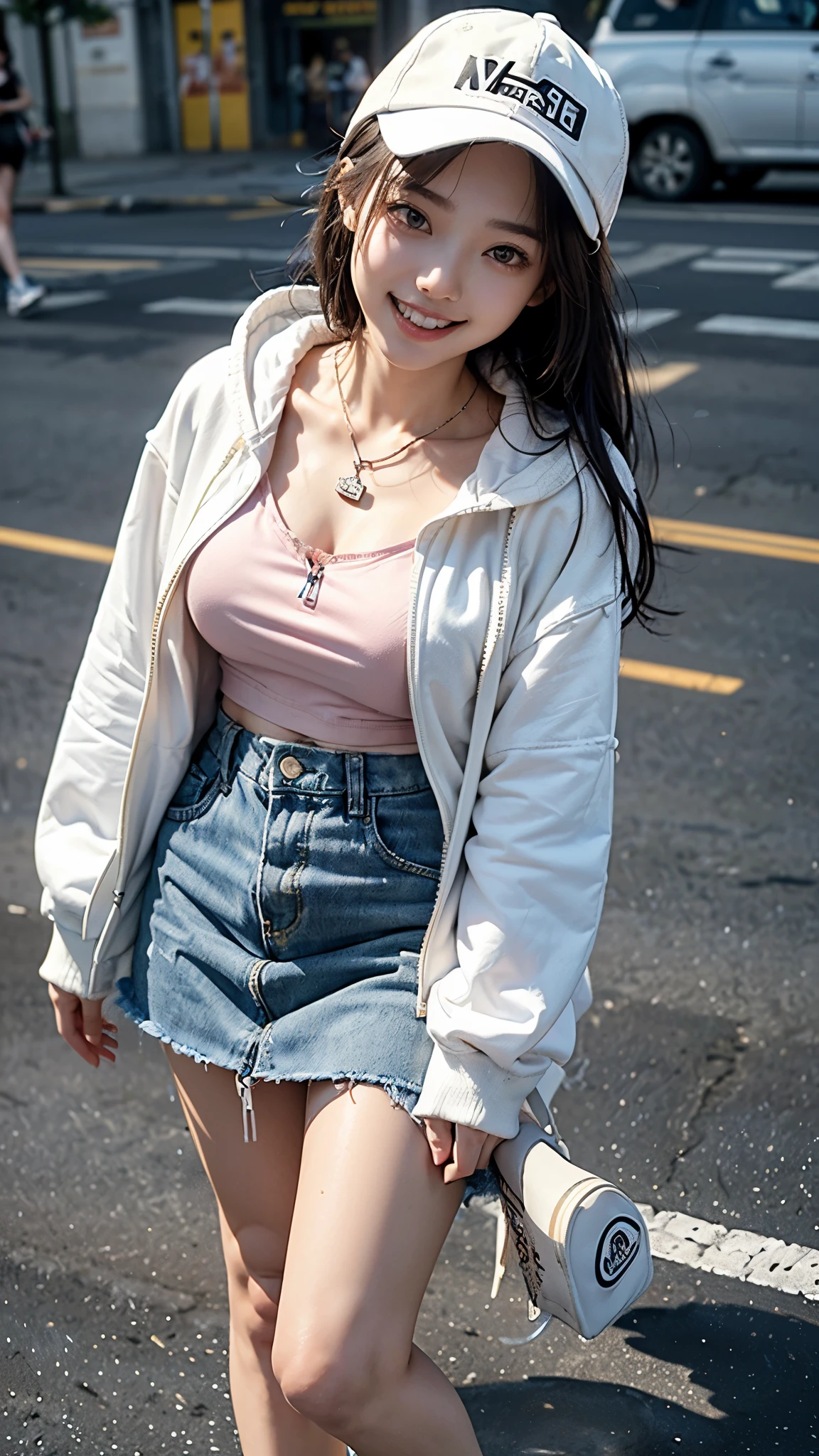 (highest quality、8k、32k、masterpiece、Hmph:1.45)、Photo of a beautiful Japanese 22-year-old woman、Soft looking breasts、No bra、Ample breasts,((Shibuya))、((Street Fashion)),((Thick-soled Converse sneakers in pink)),((neweracap)),((Oversized white zip hoodie with denim mini skirt))、Face Focus、White T-shirt、necklace、From above、Looking at the audience、((I'm showing my teeth and smiling))、Dynamic Shadows、blonde、Wet shiny hair、Shine, Watery eye、