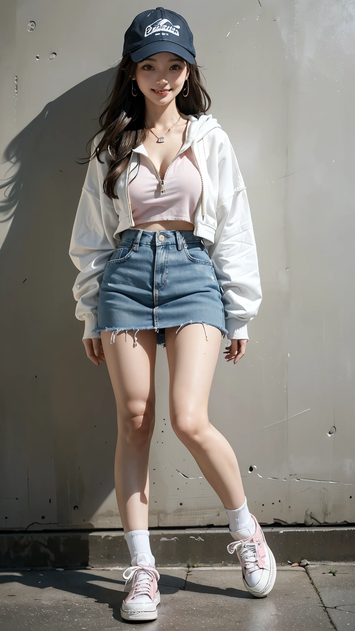 (highest quality、8k、32k、masterpiece、Hmph:1.45)、Photo of a beautiful Japanese 22-year-old woman、Soft looking breasts、No bra、Ample breasts,((Shibuya))、((Street Fashion)),((Thick-soled Converse sneakers in pink)),((neweracap)),((Oversized white zip hoodie with denim mini skirt))、Face Focus、White T-shirt、necklace、From above、Looking at the audience、((I'm showing my teeth and smiling))、Dynamic Shadows、blonde、Wet shiny hair、Shine, Watery eye、