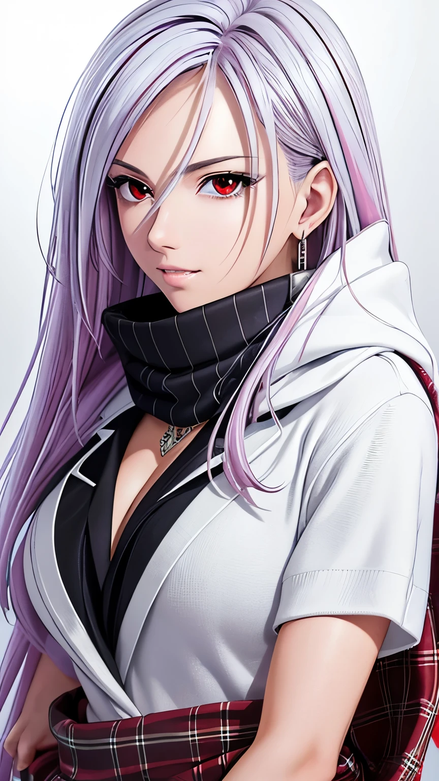 red eyes with slit pupils, (highest quality, masterpiece painting:1.3), immature woman, , (half body shot), masterpiece, ultra high resolution, (Photoreal:1.0), ((light purple hair)),straight hair, beautiful shining hair, white and shining skin, ((Ultra realistic details)), octane rendering, highly detailed face, (big breasts:0.8), (make a heart with hands), Blanket Scarf Wrap, A large, cozy blanket scarf in a plaid or checkered pattern, Wrap it around your neck or drape it over your shoulders for warmth, Style with a chunky knit sweater, skinny jeans, and knee-high riding boots for a cozy winter look, open neckline, cleavage, perfect body, soft skin, White cherry blossom embroidery pattern, silver earrings, (pure white background:1.4), sharp focus, intricate details, professional artwork, (bright colors:1.1), bright colors, diffused lighting, digital blending, ultra-definition body, ultra detail hair, super detailed face, trending on pixiv, top button open, Cute gaze, compensate, perfect lips, perfect compensate, Ultra-precision coating, (light_smile:0.8),