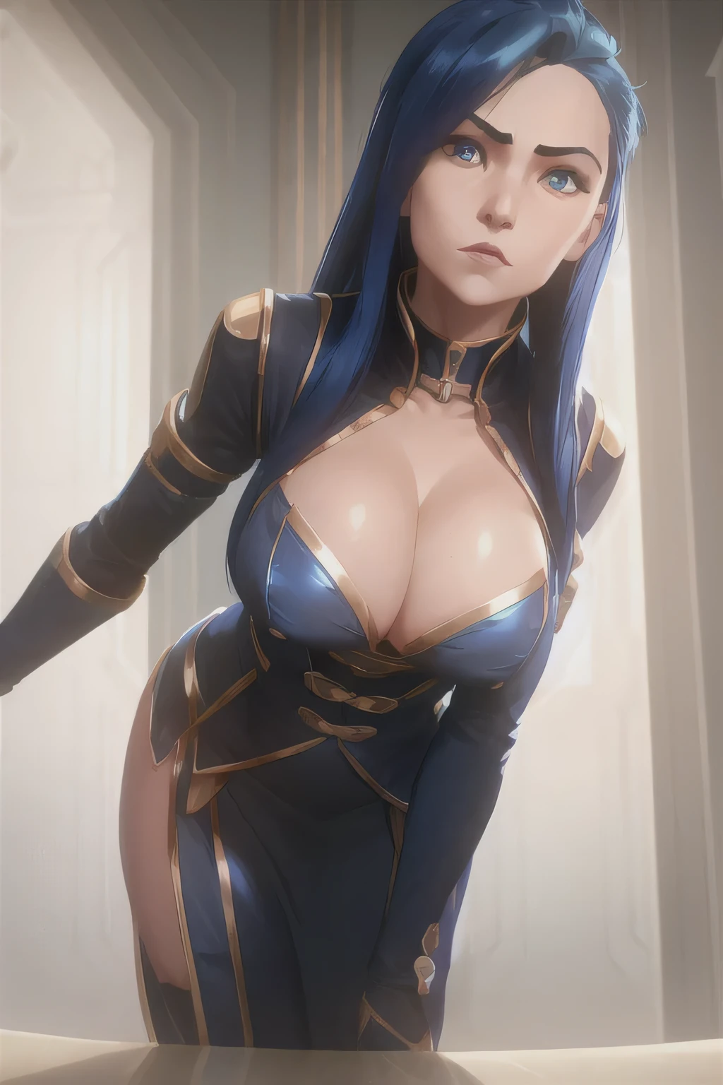 arcane style, 1girl, solo, long hair, bangs, caitlyn, closed mouth, blue eyes, holding, shiny hair, blue hair, looking at viewer, shiny, bending over ,indoors, cleavage, lingerie, close look, big breasts, asymmetrical bangs , ((masterpiece))