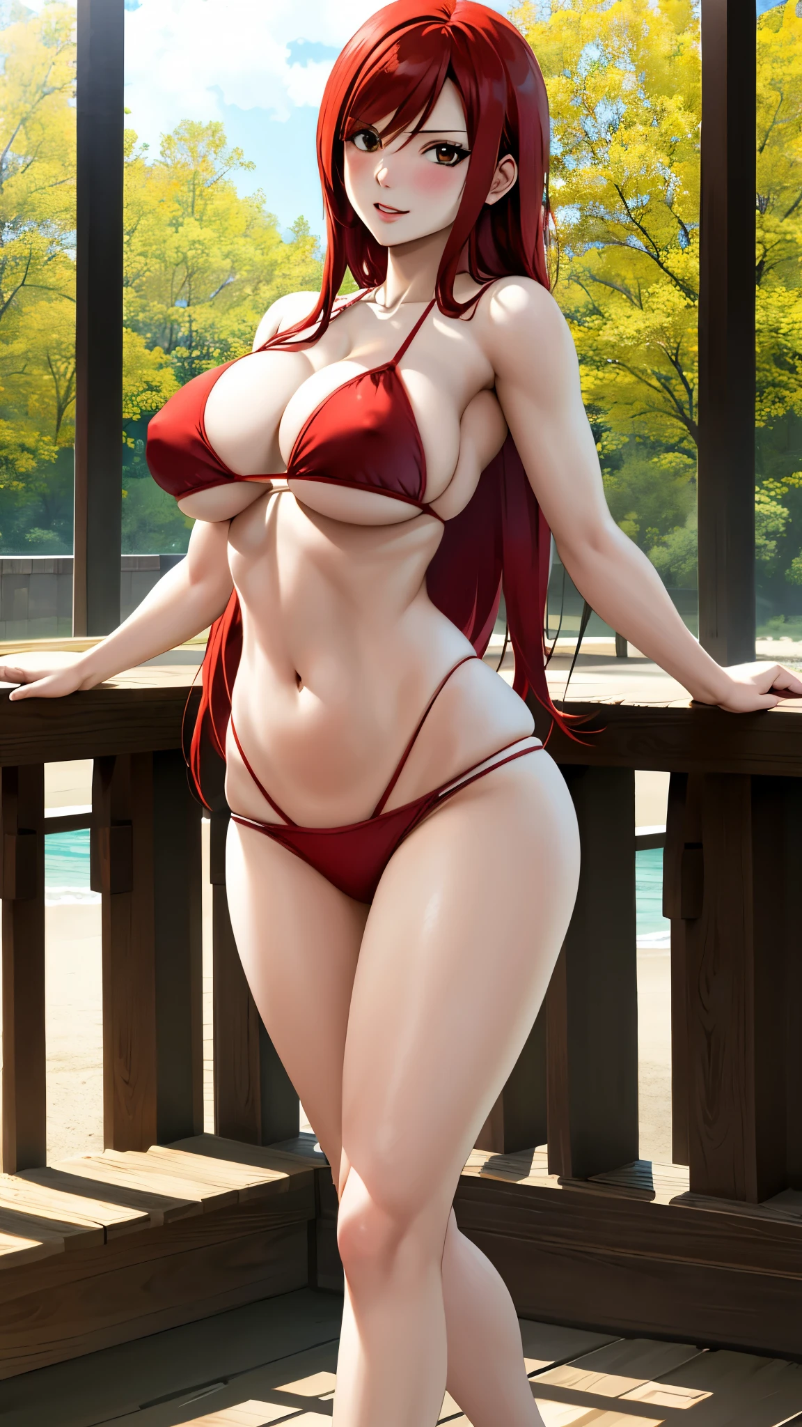 full body,eyes shining, natural light, cinematic light, realistic body, detailed body, detailed eyes, realistic face,masterpiece,red bikini,cleavage,best quality, highres,fairy tail, 1girl, blushing , solo, red hair, brown eyes, big boobies, perfect , cleavage, open chest, daytime, sunlight,looking at the viewer,sexy posing