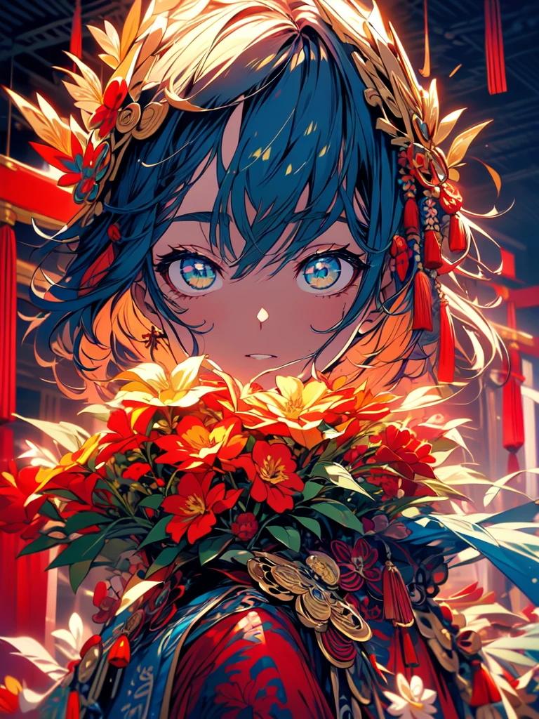 ((8k,masterpiece, best quality, highres)) ultra-detailed, beautiful, full-body shooting,Realistic eyes,perfect face,beauty,perfect body,1girl,voluptuous_body,narrow_waist,parted lips,thin and tall,Illustrate a scene of a 27-year-old girl wearing a Chinese fantasy robe sleeping on grass at nighttime. Include flowers in the background. Use a colorful palette and incorporate elements of Chinese martial art into the style, resembling Donghua animation.
