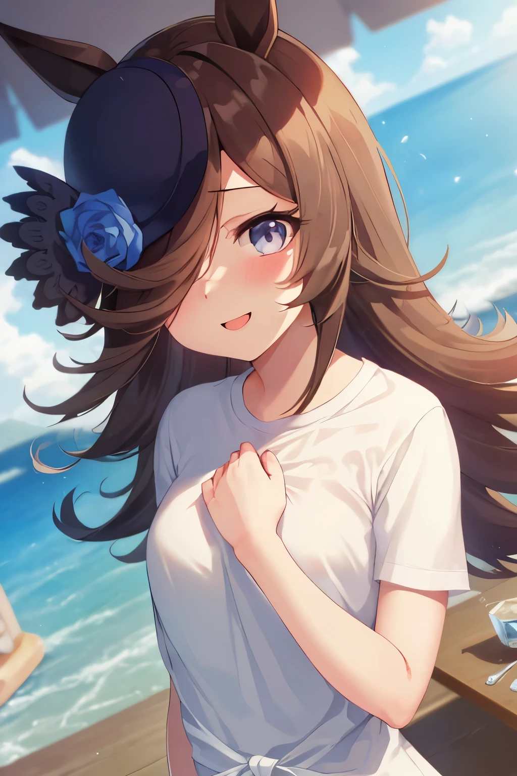 (Tabletop.highest quality).(Dynamic Angle). (CG paintings with attention to detail),(Perfect Image)、Comic Strip.shape.1 girl.Detailed face、Perfect Face.Delicate face、Cute and delicate girl in a white shirt、Rough skin、Black Hair.length、(Umamimi Girl)Umamimi Girl、((Beautiful Blue Eyes)).繊細でBeautiful Eyes、Beautiful Eyes、Reflective eyes、smile.(Looking at the audience:1.3).(Face is a little red:0.8)、8k wallpaper、Cowboy Shot、reflected light、Most detailed、Complex、((Delicate sea background、season summer))、Rough skin、Fine skin、(Super Resolution)、((Cute girl in white shirt))