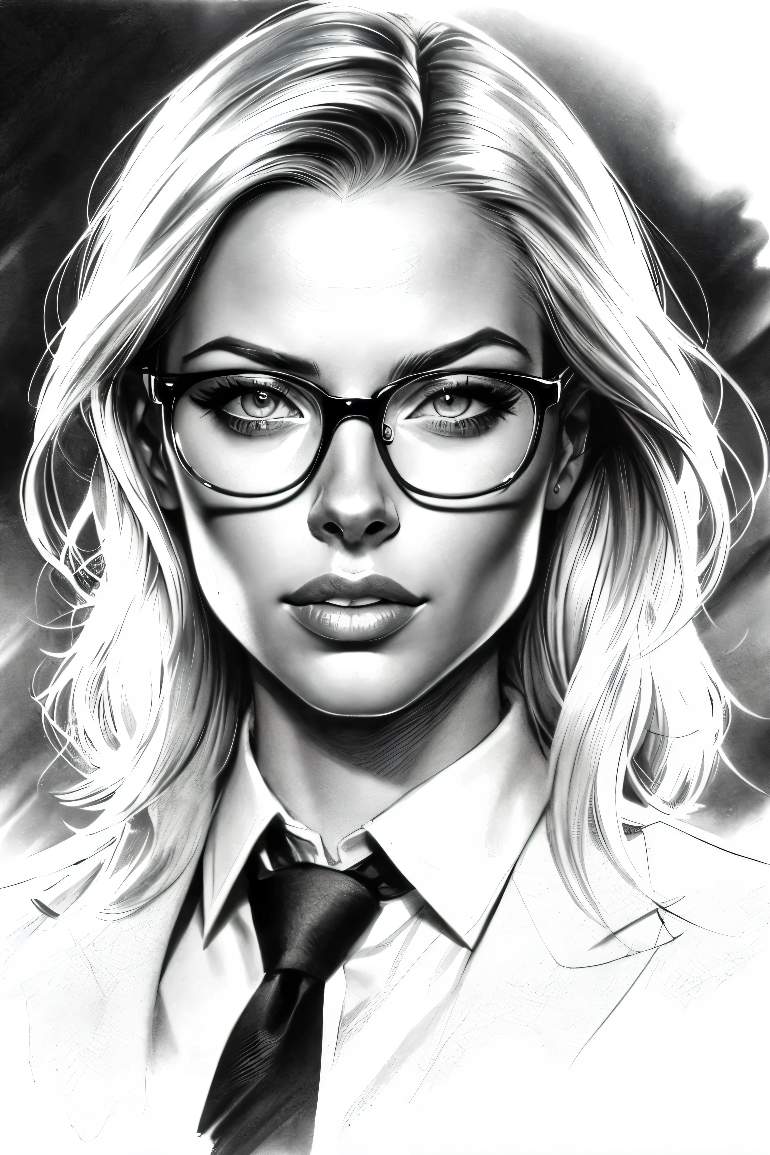 a black and white drawing of a woman with glasses and a tie, art of alessandro pautasso, air brush illustration, epic portrait illustration, monochromatic airbrush painting, high quality sketch art, Mr. lotz karoly, arte vetor preto e branco, high quality sketch, portrait illustration, black and white illustration, digital art with airbrush, epic pencil illustration