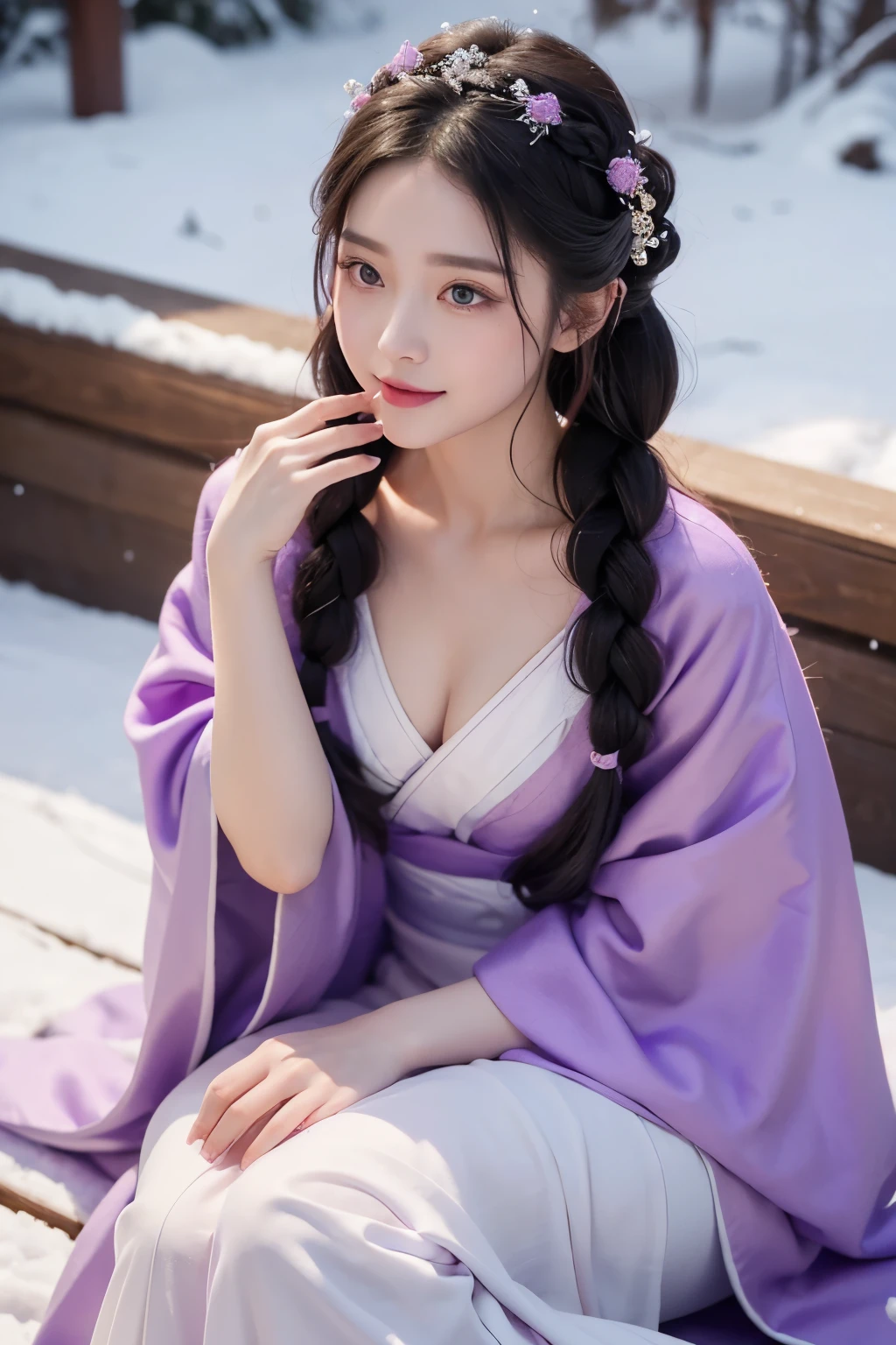 Bright purple robes, Hanfu long skirt, Big eyes, Masterpiece absolute beauty, 1 woman, Close-up. Close-up, A healing smile, Snow scene, 4k picture quality, Twisted braids, Princess hairstyle, Princess cut, Simple hair accessories, clubs, People can't forget when they see beauty,long leges,Shyness blush, sexy, big breasts