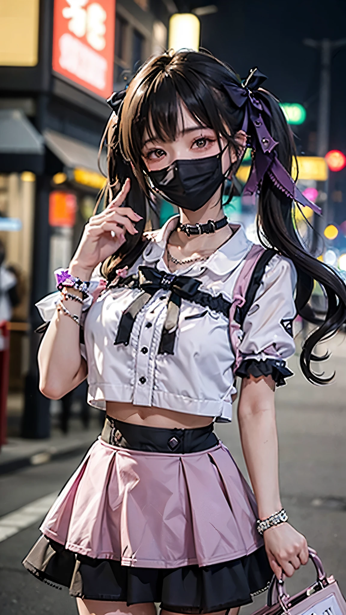 (8K、Top image quality、top-quality、​masterpiece)、A detailed face、1 girl in、Dark hair、((twintails))、blunt bangs、short-hair、waved hair、Gray eyes、piercings、evil smile、smirk grin、mask_pull、Moderately breasts、((pink clothing))、frilld、a black ribbon、Black miniskirt、frilld、jirai kei attire、cowboy  shot、Downtown background at night