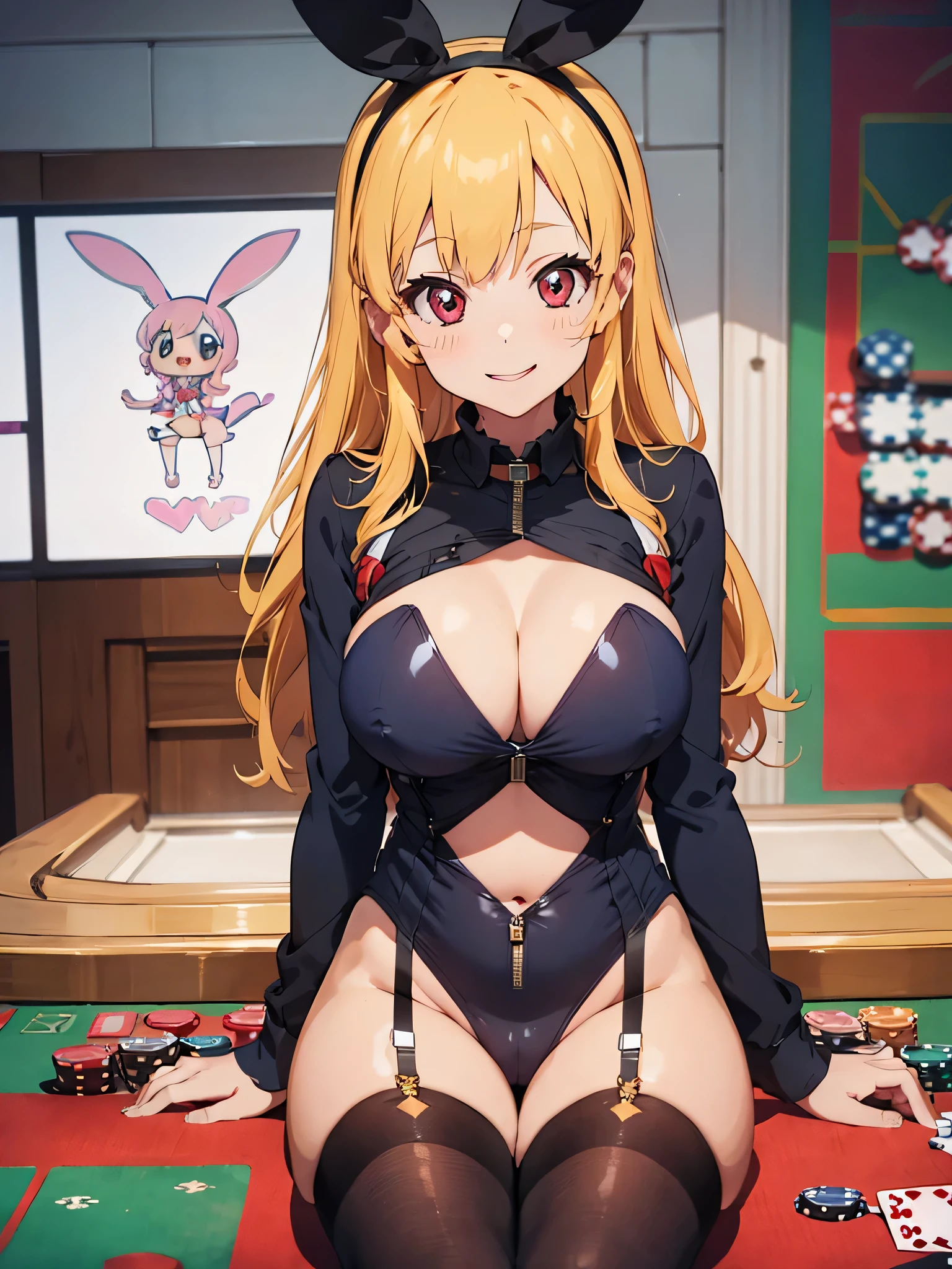 Highly detailed illustration, super cute and beautiful lady,long sleeves, detached collar, breasts_out, navel, (no_panties:1.3), (pasties, maebari:1.1), (reverse bunnysuit:1.3), show off stomach,((((sagging titis)))), (((big titis))), beautiful blush((((ecstatic))))smlie face and eyes, beautiful ((Blonde)) Blonde hair, ((((casino room)))),((Boldly open legs)),low angle shot,sitting table,