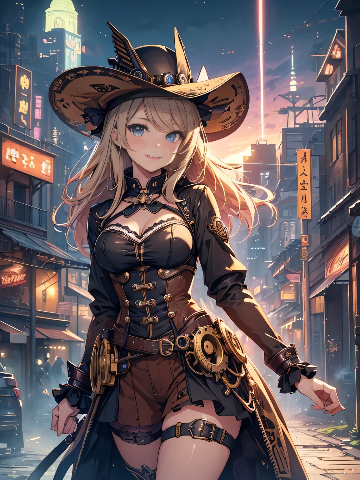 (Line art_anime),(Cowboy Shot,Low Angle, highest quality, ),(Laura Budd Photos:1.2),(Laura Add details:1.0),8k, Flat Color:0.8,1 girl,smile,(Highly decorative and complex mechanical steampunk fashion, Lace flare dolphin hat、goggleachinery background、Gear background、An elaborately mechanized steampunk cityscape 1.5),Cute pose,