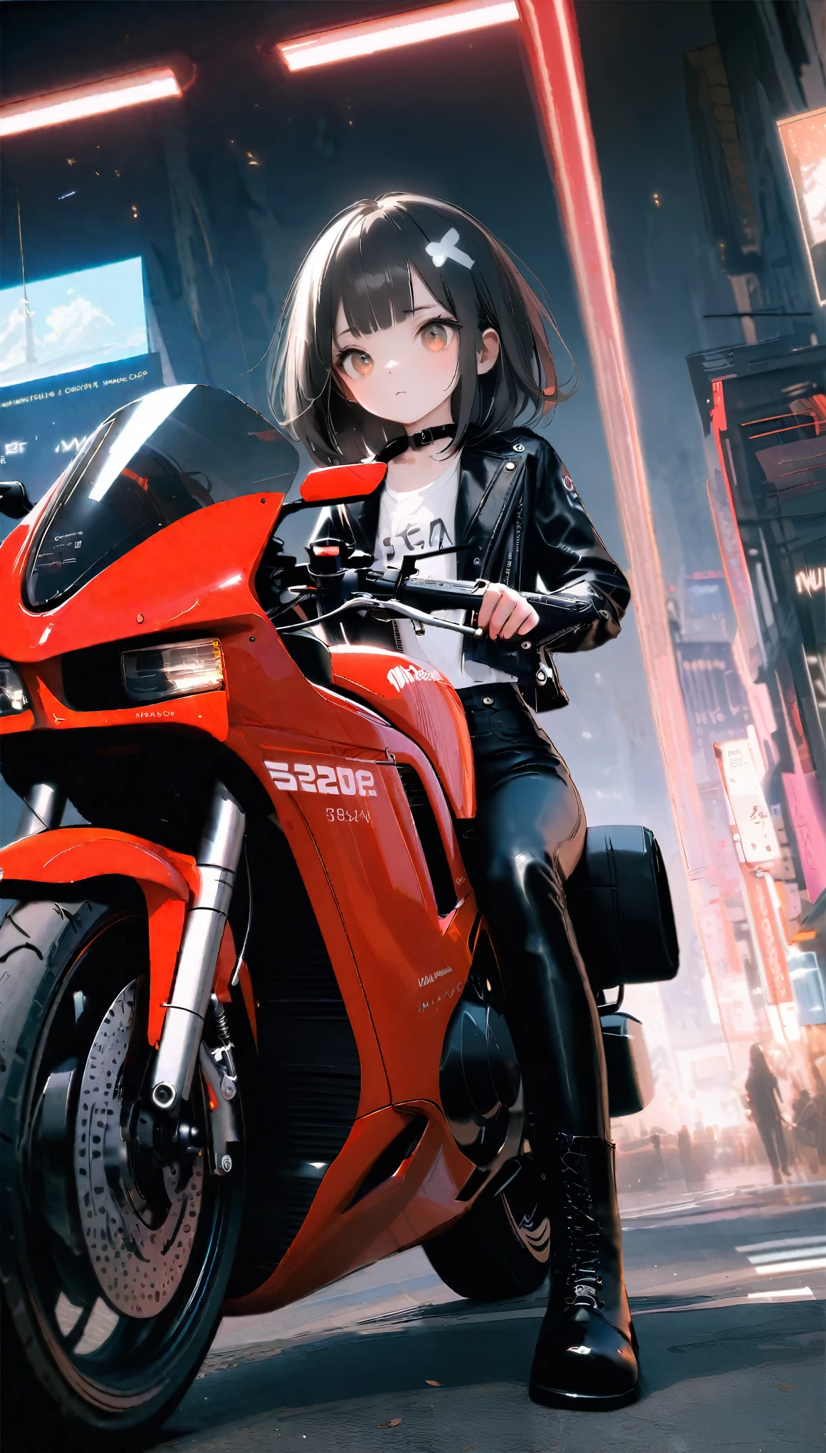 [artist:ningen_mame],[artist:sho_(sho_lwlw)],[artist:mignon],[artist:kedama milk],[artist:ask_(askzy)],artist:wanke,artist:wlop,artist:fujiyama,year 2024,8k,cyberpunk style,1girl,(Miyu Edelfelt),black hair,brown eyes,small chest,Tight leather jacket and leather pants cover the whole body,High-heeled leather boots,(riding red Ducati 900ss motorcycle),Beautiful,Glowing special effects,celluloid style,Flat coating,HD,CG art,comics,8K,looking into camera,high quality,illustration,Vaporwave style,rim light,movie lighting,Super detailed,complex,OC renderer,cinematic perspective,high resolution