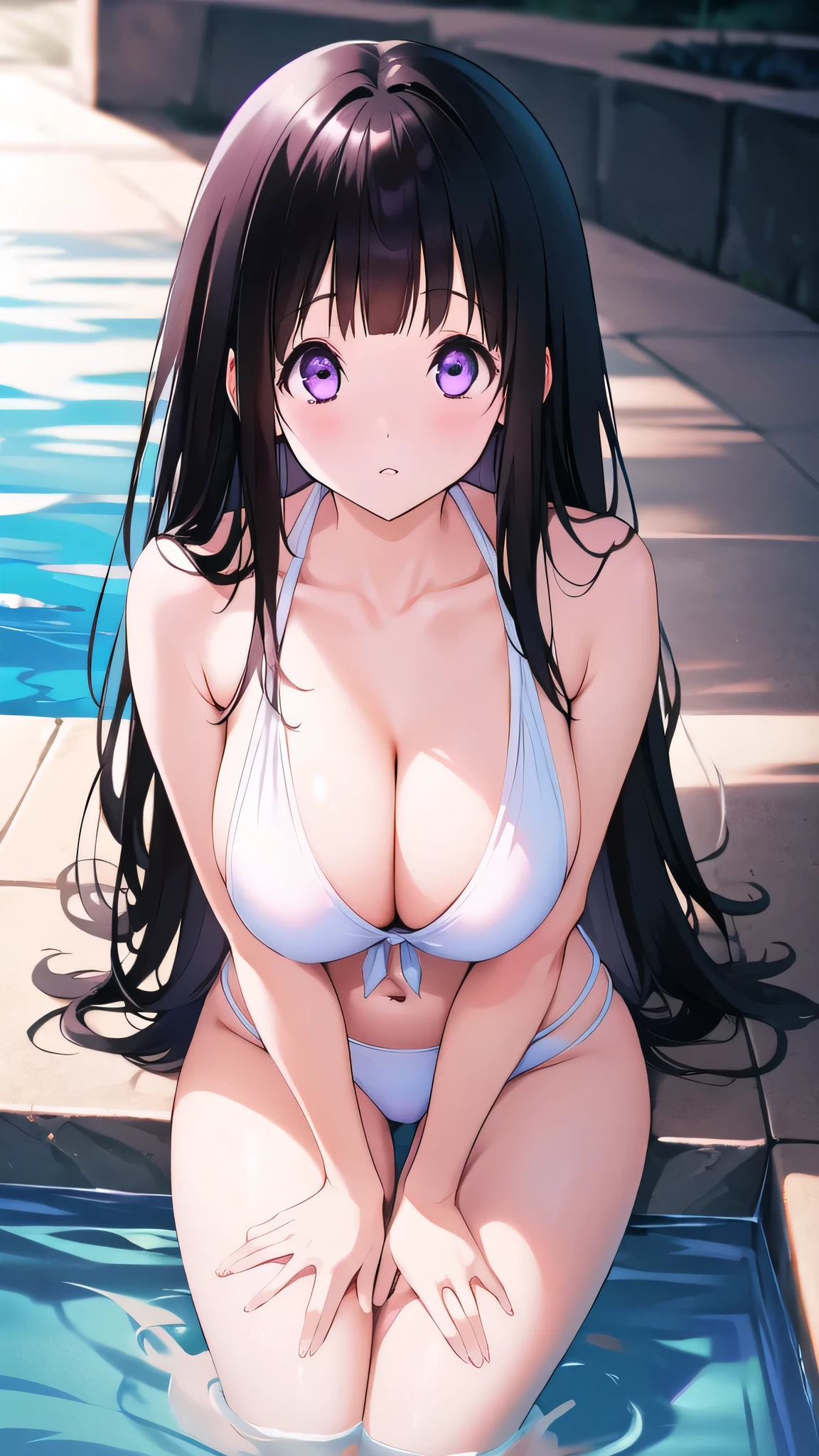 Beautiful Chitanda,There is only one beautiful girl,Purple Eyes, Black Hair, Natural straight hair, Straight bangs,Extremely refined,open your lips,Face is so red,Very white skin,Skin as delicate as porcelain,Glowing skin,big eyes,Flowing long hair,beautiful girl, Like a dream,Slim,Slim waist,Soft, (Sensual), (Kawaii), Dream quality,By the pool,White bikini,The body is soaked,Side body,very close,Deep V neckline,Loose neckline,Beautiful big breasts,No pants,Delicate clavicle,Delicate hands and feet,Bend your body,bend over,Bare neck,There is no decoration on the neck,Bare thighs,Exposing the groin,Camel toe,extremely shy,Ultra-high resolution, (masterpiece:1.2, best quality), (Delicate and beautiful eyes: 1.2), (Beautiful and delicate face)