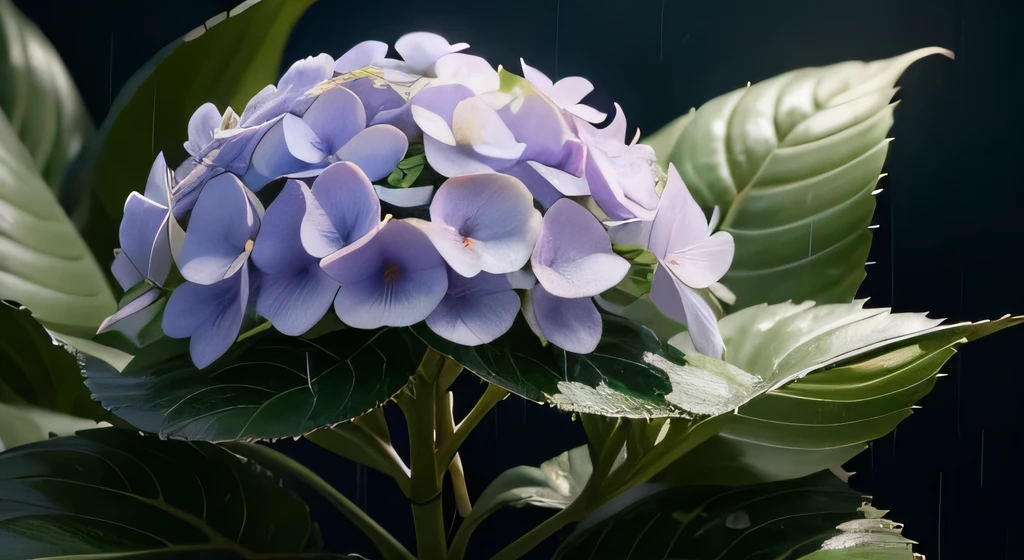 hydrangea、Hydrangea flowers、Tree frog、rainy season、Blue sky background、8k、highest quality、Realistic、Very delicate flower、