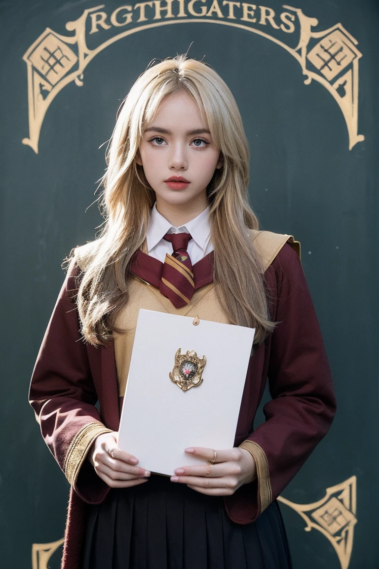 21yo girl, blonde hair, Gryffindor uniform, hogwarts background 