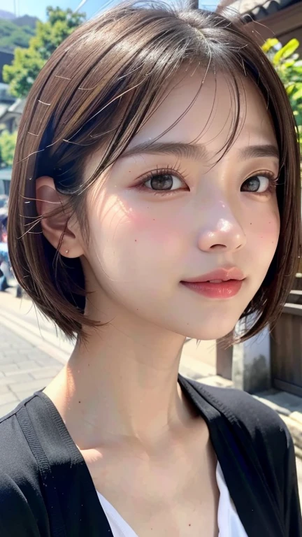 With the alleys of Kyoto in the background、18-year-old girl、independent、look forward to、Light eye makeup、Brown Hair Color、flat 、Hair blowing in the wind、Quality of actress、Shiny, Ultra-realistic face、smileの表情、Watery eye、look up、Pleasant lighting effects、 Ultra-Realistic Capture、Very detailed、High resolution 16K human skin closeup。Skin texture must be natural、Must be so detailed that pores are visible、skin is healthy、There must be a unified tone、Use natural light and color、High quality photos taken by modeling agencies&#39;Exclusive photographer、smile
