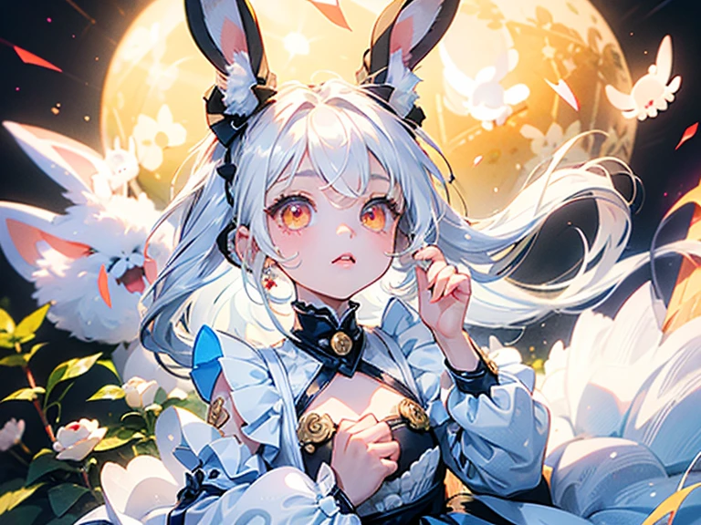 1female\((chibi:1.5),cute,kawaii,small kid,(white hair:1.4),(very long hair:1.6),bangs,(ear\(fluffy,white,rabbit-ear\):1.4),red eye,big eye,beautiful shiny eye,skin color white,big hairbow,(white frilled dress:1.3),breast,cute rabbit pose\),background\(some roses,by the beautiful lake,beautiful sunny day\),quality\(8k,wallpaper of extremely detailed CG unit, ​masterpiece,hight resolution,top-quality,top-quality real texture skin,hyper realisitic,increase the resolution,RAW photos,best qualtiy,highly detailed,the wallpaper,golden ratio\)